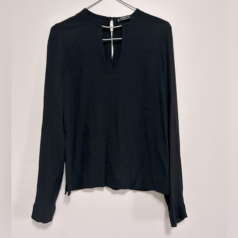 Mango Black Long sleeves Blouse with deep V and metal ring neckline